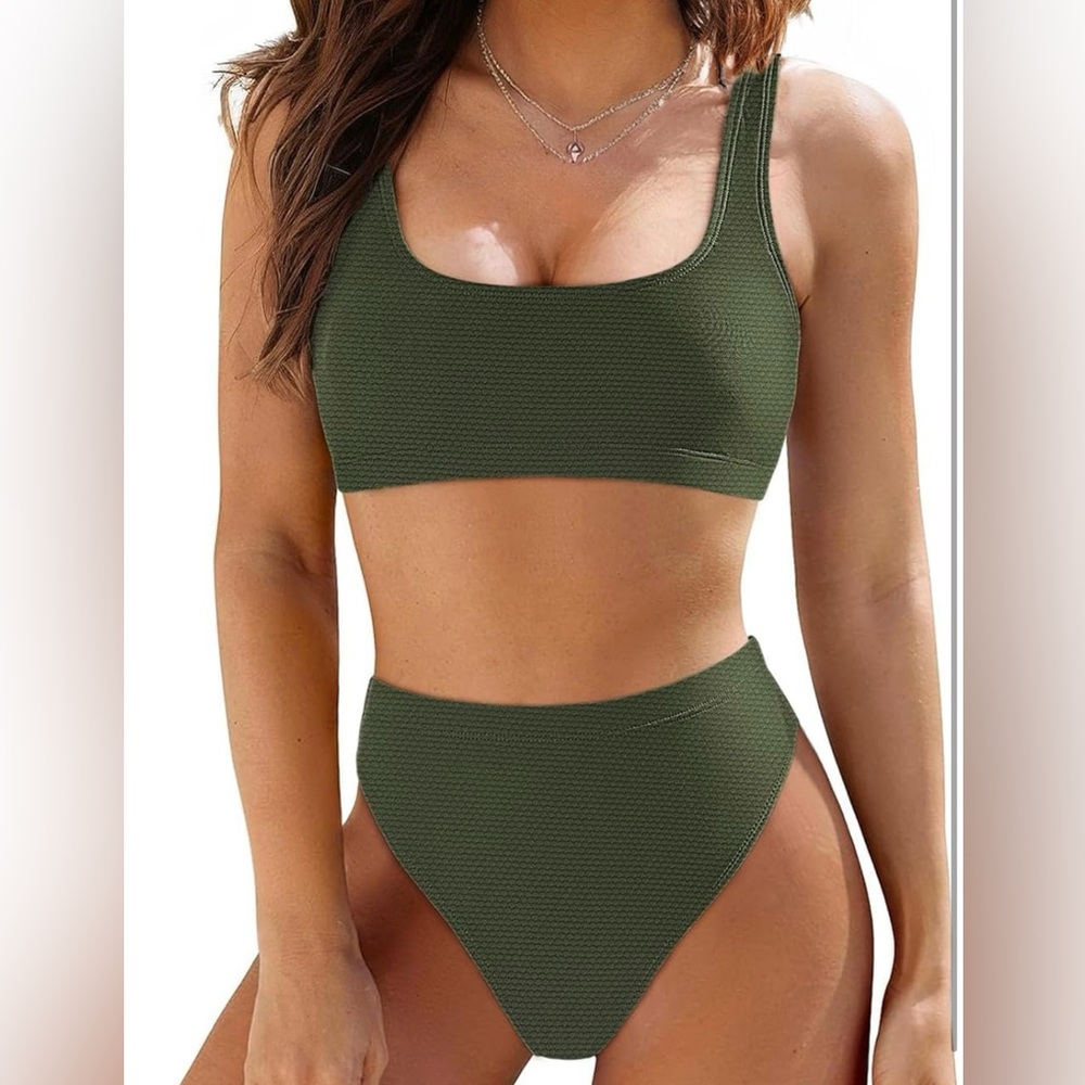 Crop Top High Waisted Cheeky Bikini Set Two Piece Swimsuit Army Green M